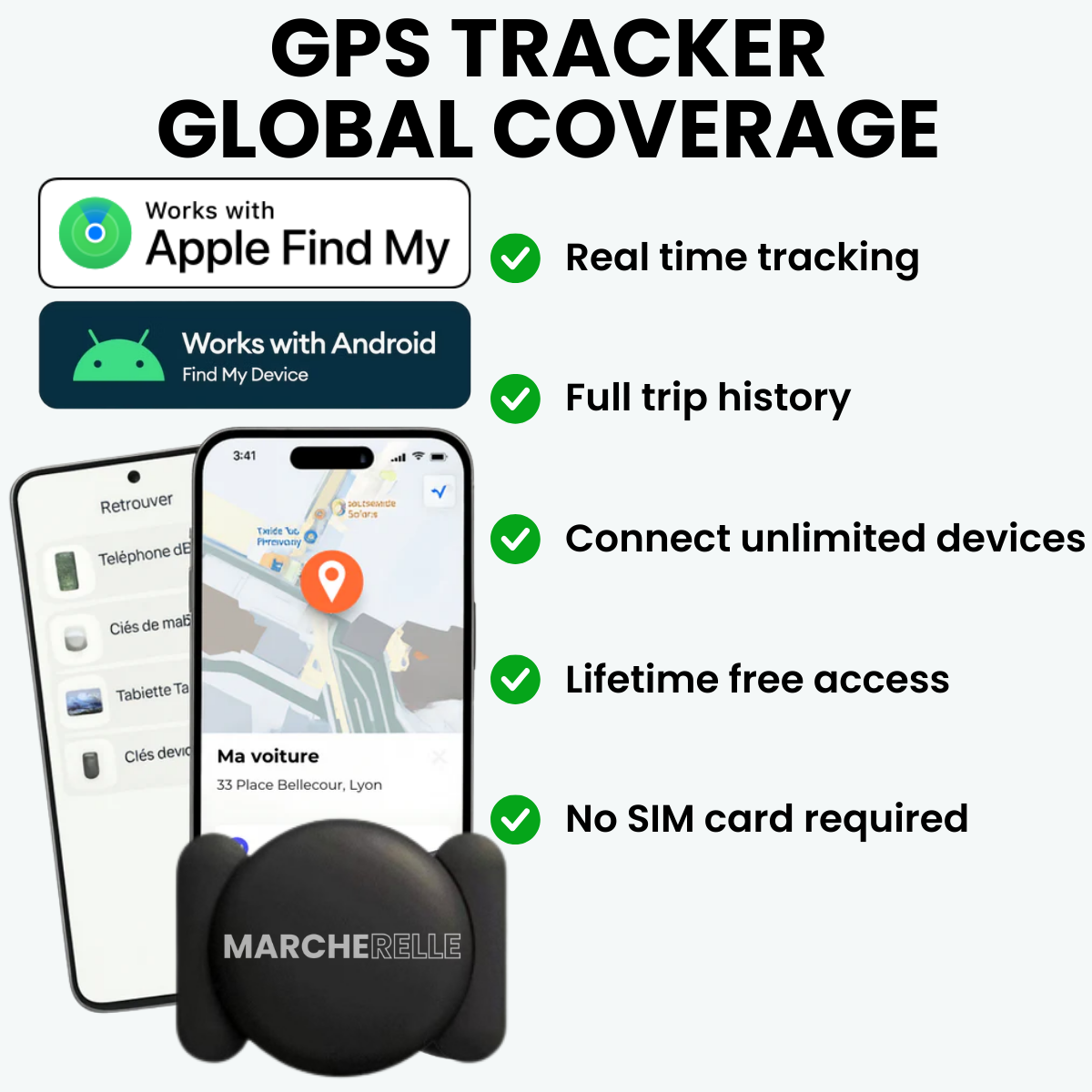 Marcherelle - GPS Tracker No Subscription Required | Compatible with Android & iOS