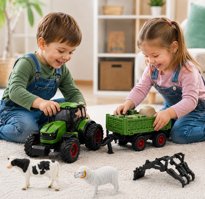 Children's Toy Remote-Controlled Tractor with Metal Trailer